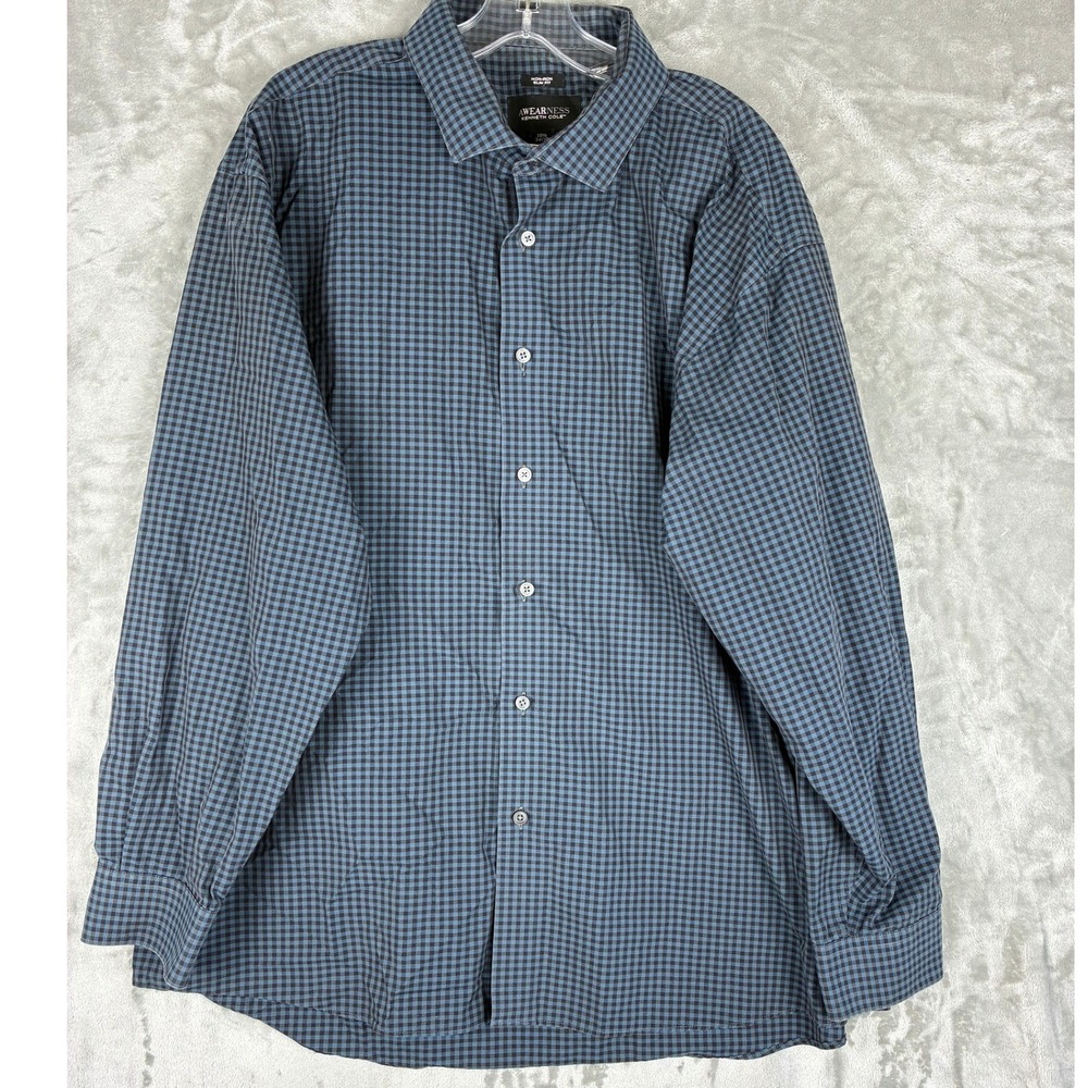 Awearness Kenneth Cole Men 18.5 34/35 Slim Fit Non-Iron Gingham Dress Shirt Blue